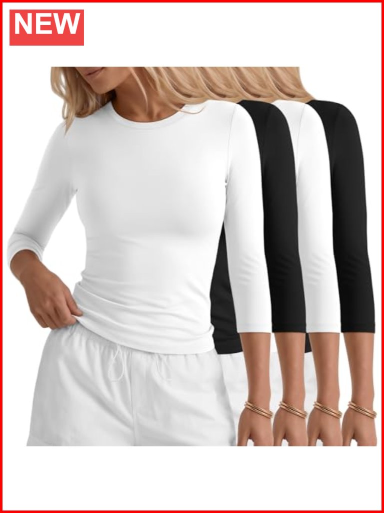4 Pack Women's Workout Shirts 3/4 Sleeve Compression Tops Athletic Crewneck Gym
